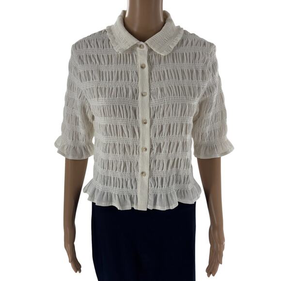 Anthropologie Maeve White Smocked Button Front Top - Picture 5 of 11
